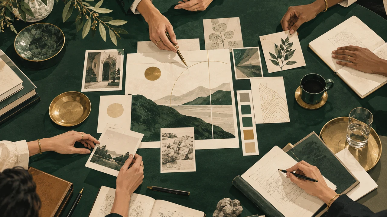 Ein eleganter Arbeitstisch mit Materialien, Skizzen und Struktur für gemeinsame Entscheidungen und Workshops.