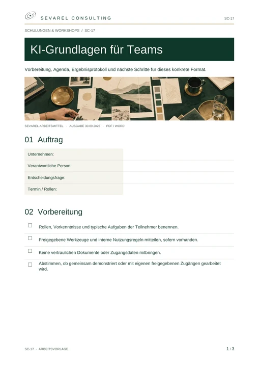 Titelseite: KI-Grundlagen für Teams · Arbeitsblatt