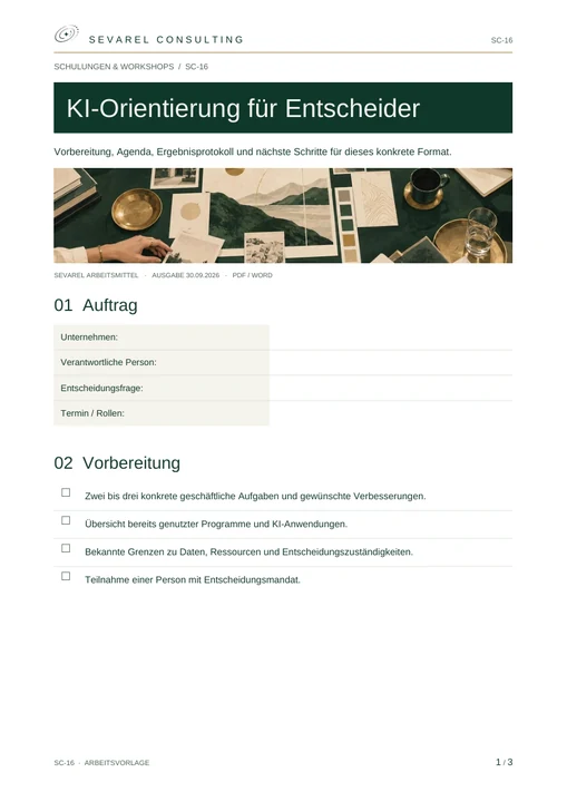 Titelseite: KI-Orientierung für Entscheider · Arbeitsblatt
