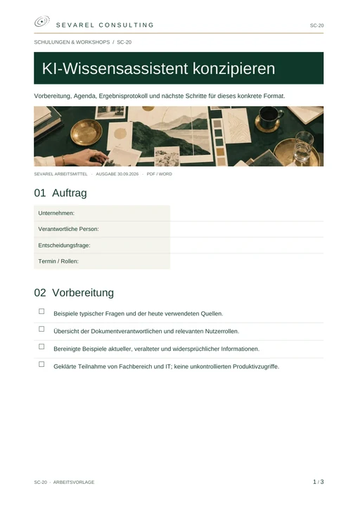 Titelseite: KI-Wissensassistent konzipieren · Arbeitsblatt